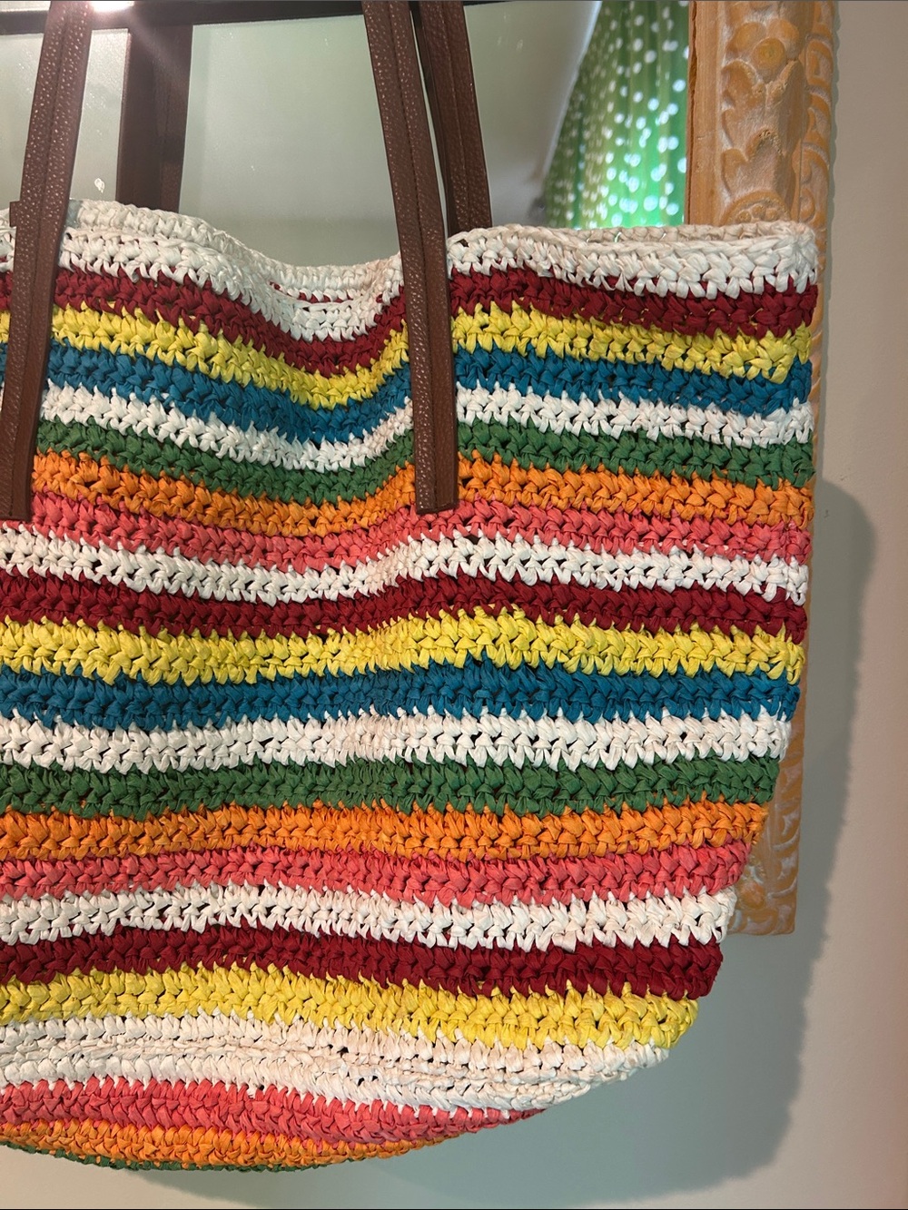 J. Crew Multicolor Striped Crochet Tote Bag with Brown Handles - Picture 4 of 10